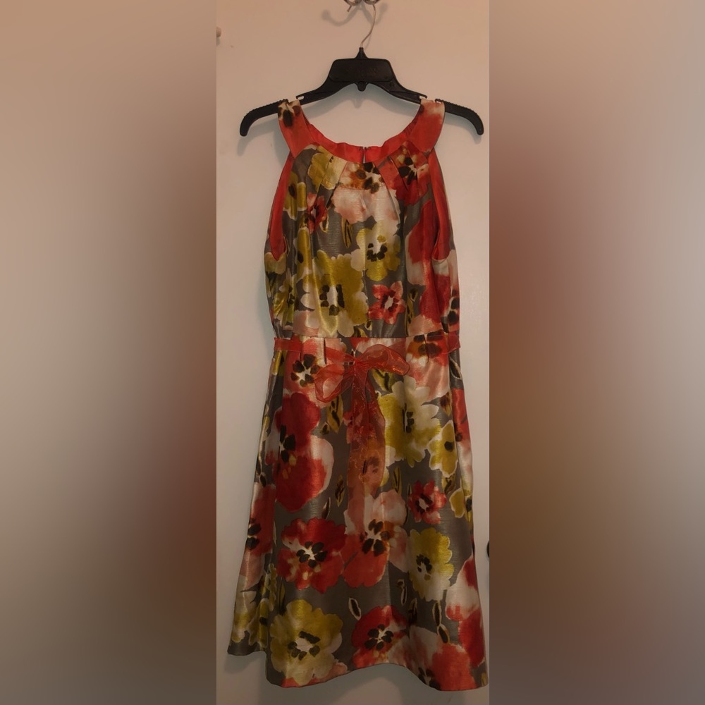 Orange floral dress with chiffon belt